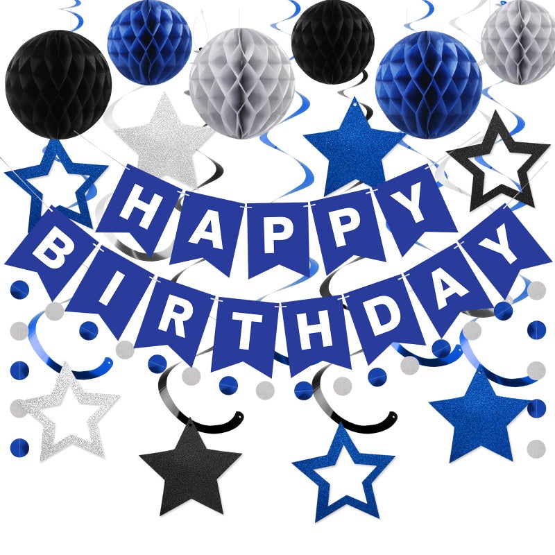 meowtastic Birthday Decorations  Happy Birthday Banner with Honeycomb Balls  Star Hanging Swirl Streamer  Circle Dot Garland  Happy Birthday Party Decorations for Women Men Boys Girls (Blue & Silver) - Image 1